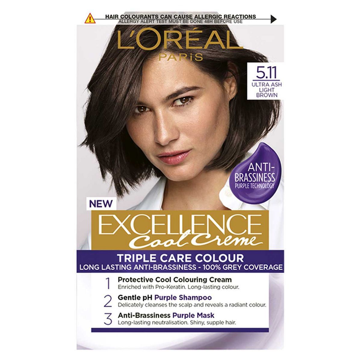 L&amp;rsquo;Or&amp;eacute;al Paris Excellence Cool Cr&amp;egrave;me Permanent Hair Dye, Long-lasting Anti-Brassiness Colour, 5.11 Ultra Ash Light Brown