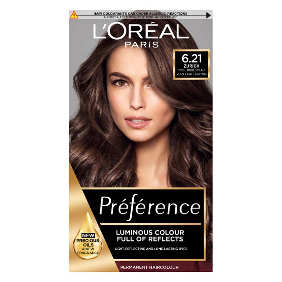 L&amp;rsquo;Or&amp;eacute;al Paris Preference Permanent Hair Dye, Luminous Colour, Cool Iridescent Very Light Brown 6.21