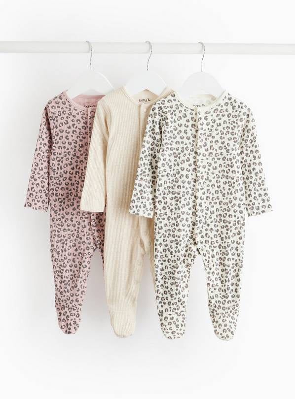 Leopard Print &amp;amp; Oatmeal Sleepsuits 3 Pack 3-6 months