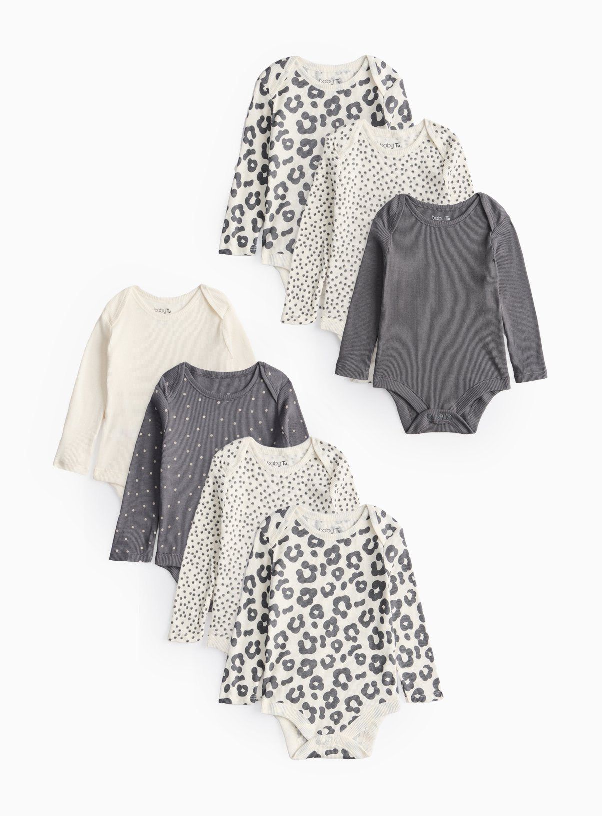 Leopard &amp;amp; Spot Printed Long Sleeve Bodysuits 7 Pack 3-6 months