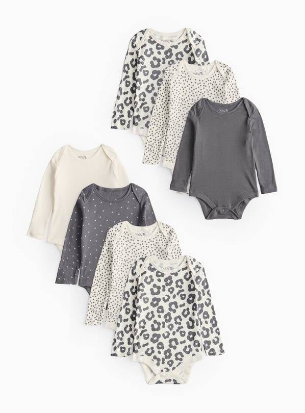 Leopard &amp;amp; Spot Printed Long Sleeve Bodysuits 7 Pack Tiny Baby