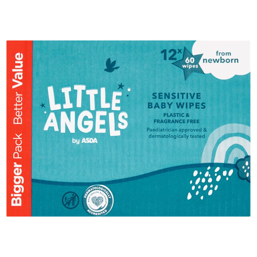LITTLE ANGELS by ASDA 12x60 Newborn Sensitive Baby Wipes Plastic &amp;amp; Fragrance Free