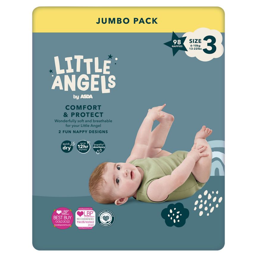 LITTLE ANGELS by ASDA Size 3 Comfort &amp;amp; Protect Jumbo Pack 98 Nappies