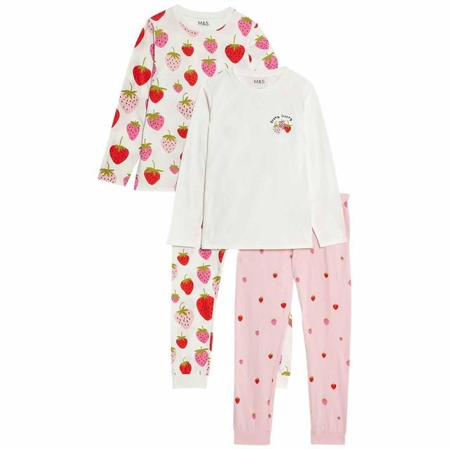 M&amp;amp;S 2 Pack Strawberry Pyjamas 7-12 Years Ivory