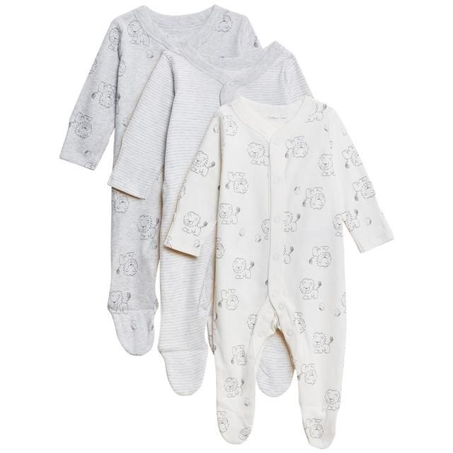 M&amp;amp;S 3 Pack Lion Sleepsuits Silver Grey 0-3 Years