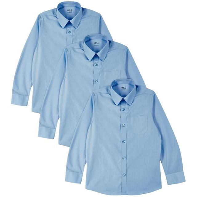 M&amp;amp;S 3pk Regular Fit Easy Iron Shirts 3-14 Years Blue