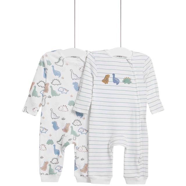 M&amp;amp;S Boys Dino Sleepsuits Newborn-3 Years White/Green
