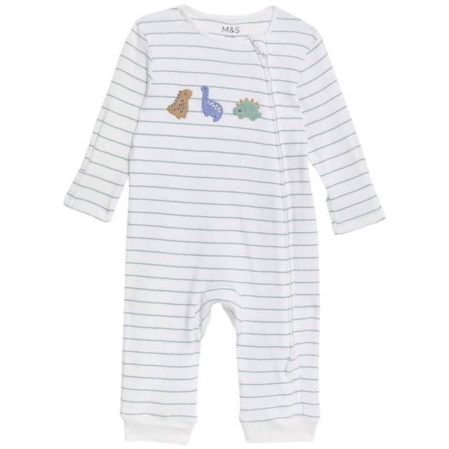 M&amp;amp;S Boys Dino Sleepsuits Newborn-3 Years White/Green