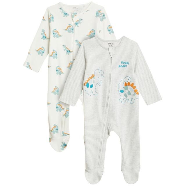 M&amp;amp;S Collection 2 Pack Pure Cotton Dinosaur Sleepsuits Grey Mix 0-3 Years