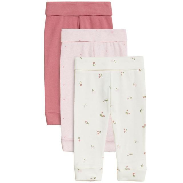 M&amp;amp;S Collection 3pk Pure Cotton Floral &amp;amp; Plain Leggings 6-9 Months Pink