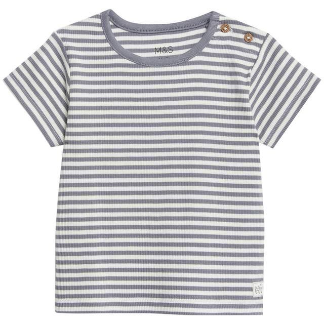 M&amp;amp;S Collection Cotton Rich Striped T-Shirt 0-12 Months Medium Grey