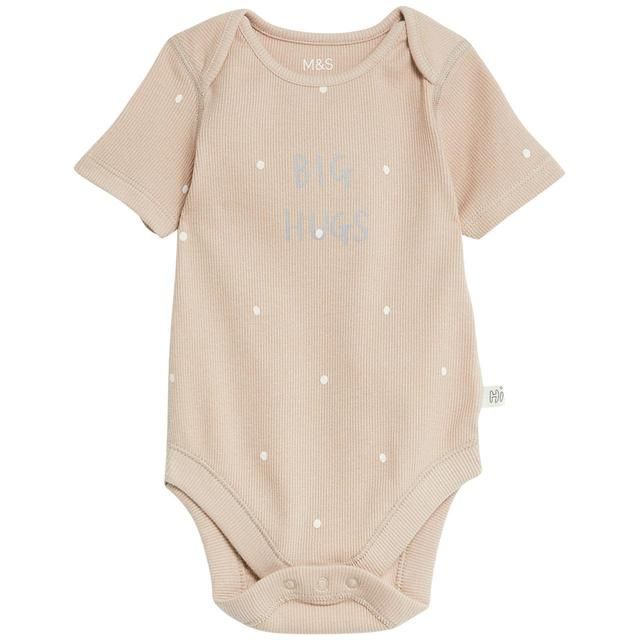 M&amp;amp;S Cotton Rich Spot Big Hugs Slogan Bodysuit Newborn- 12 Months Biscuit