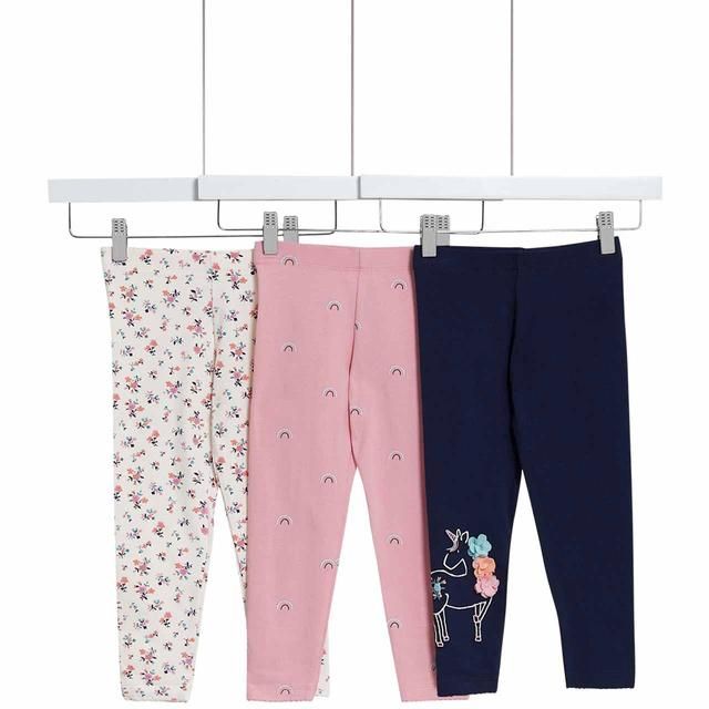 M&amp;amp;S Cotton Rich Unicorn Leggings 3 Pack 2-7 Years Pink