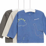 M&amp;amp;S Dinosaur &amp;amp; Striped Long Sleeve Tops 3 Pack 0 Months-3 Years Blue