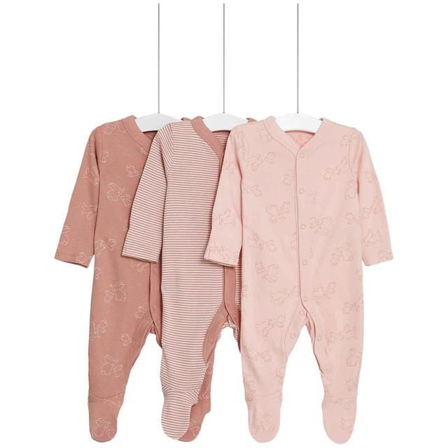 M&amp;amp;S Girls Cotton Bunny &amp;amp; Striped Sleepsuits NB- 3 Years Pink 3 Pack