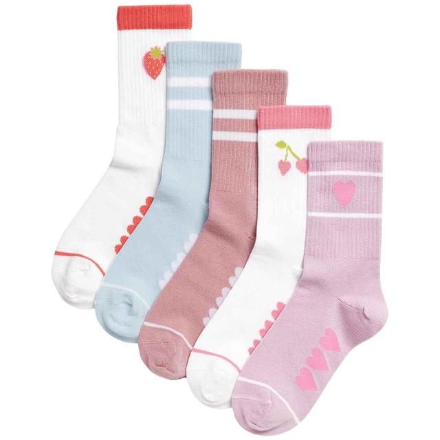 M&amp;amp;S Girls Cotton Rich Ribbed Striped Heart Socks 6 Small-7 Large 5 Pack