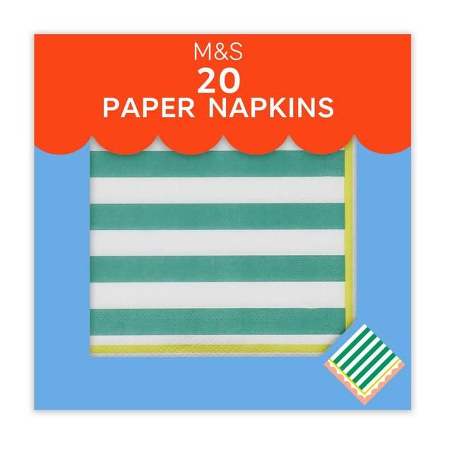M&amp;amp;S Green &amp;amp; White Striped Paper Napkins   20 per pack