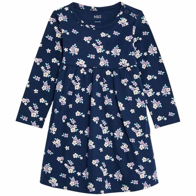 M&amp;amp;S Long Sleeve Floral Print Dress Navy 0-3 Years