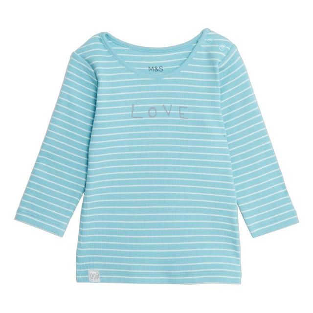 M&amp;amp;S Love Stripe Long Sleeve Tee 0-12 Months Turquoise Mix