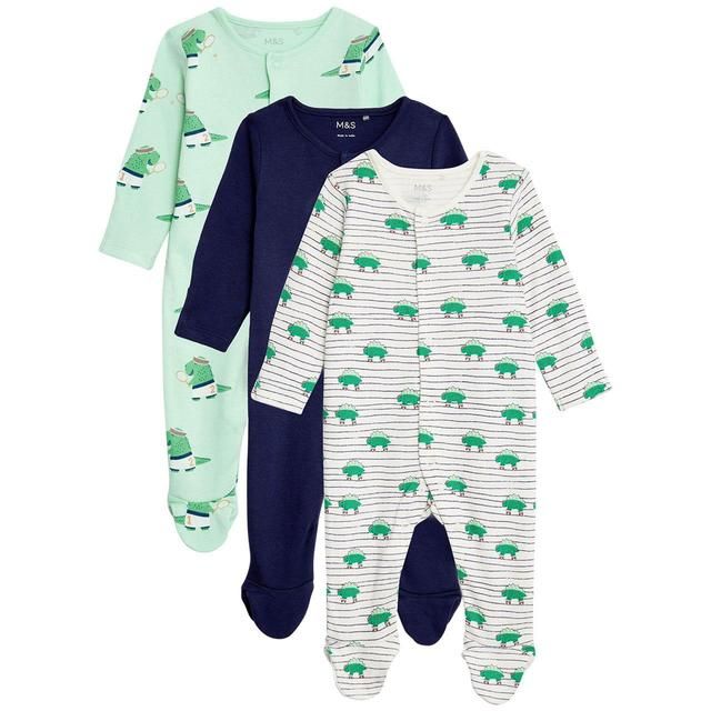 M&amp;amp;S Pure Cotton Dinosaur Sleepsuits 3 Pack Newborn-3 Years Green Mix