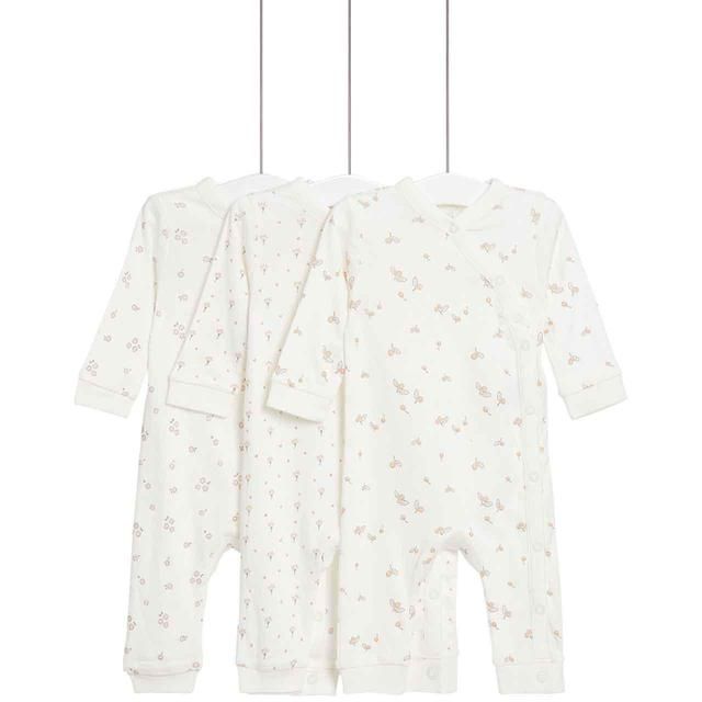 M&amp;amp;S Pure Cotton Floral Sleepsuits 3 Pack Newborn-3 Years Cream Mix