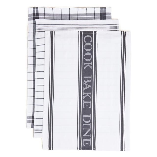 M&amp;amp;S Set of 3 Striped Tea Towels Dark Grey   3 per pack