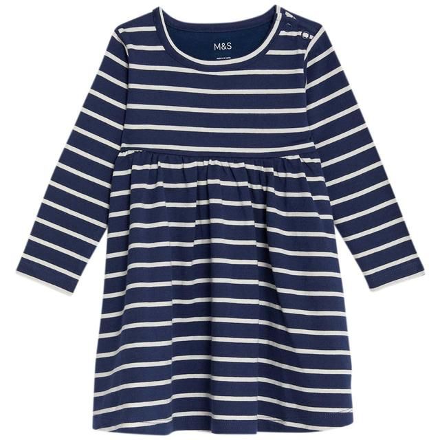 M&amp;amp;S Striped Long Sleeve Dress 0 Months-3 Years Navy