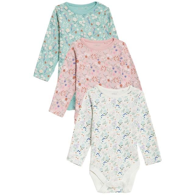 M&amp;amp;S Unisexn 3 Pack Pure Cotton Floral Bodysuits Multi 0-3 Years