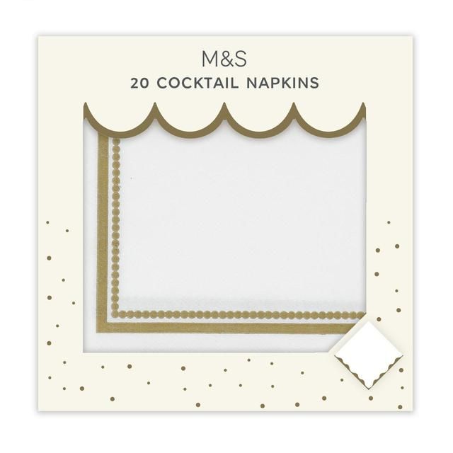 M&amp;amp;S White &amp;amp; Gold Paper Cocktail Napkins   20 per pack