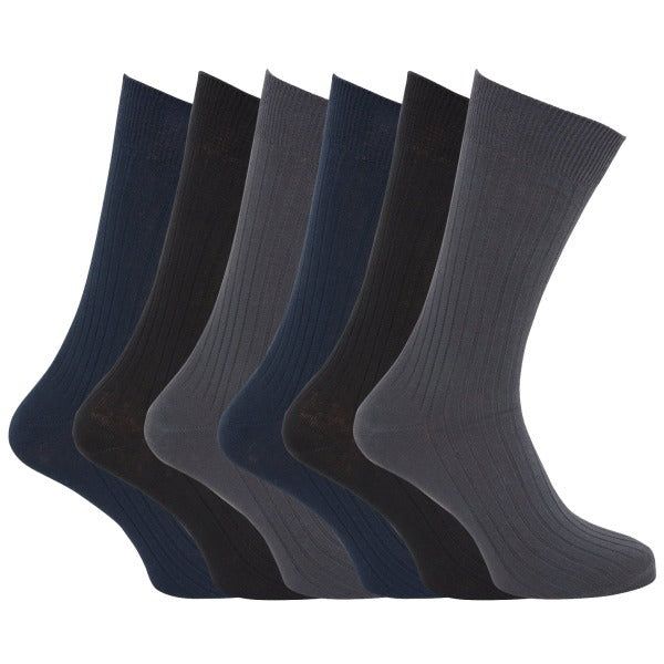 Mens 100% Cotton Ribbed Socks (Pack Of 6) (UK Shoe 6-11) Black/Grey/Navy / 1EA