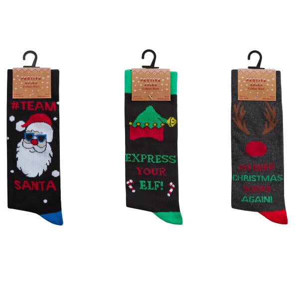 Mens Cotton Rich Novelty Festive Socks (Pack Of 3) (UK 6-11)
