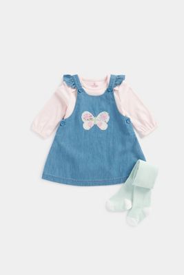 Mothercare Denim Pinny Dress, Bodysuit and Tights Set