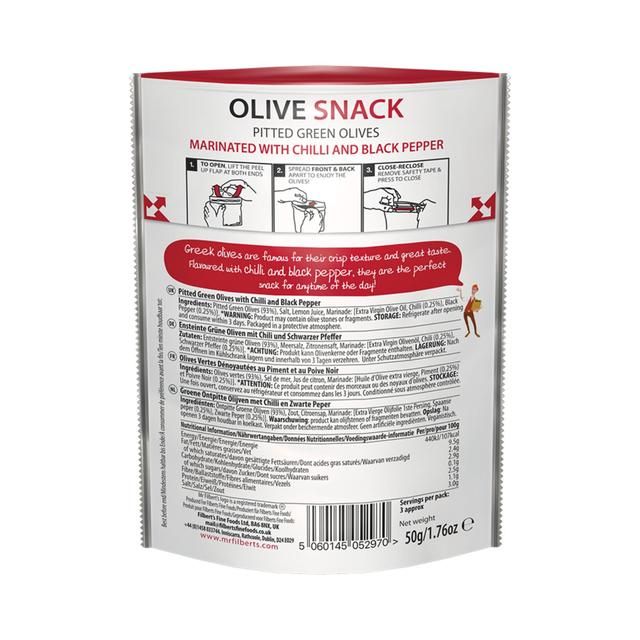 Mr Filberts Olive Snacks Green Olives with Chilli &amp;amp; Black Pepper   50g