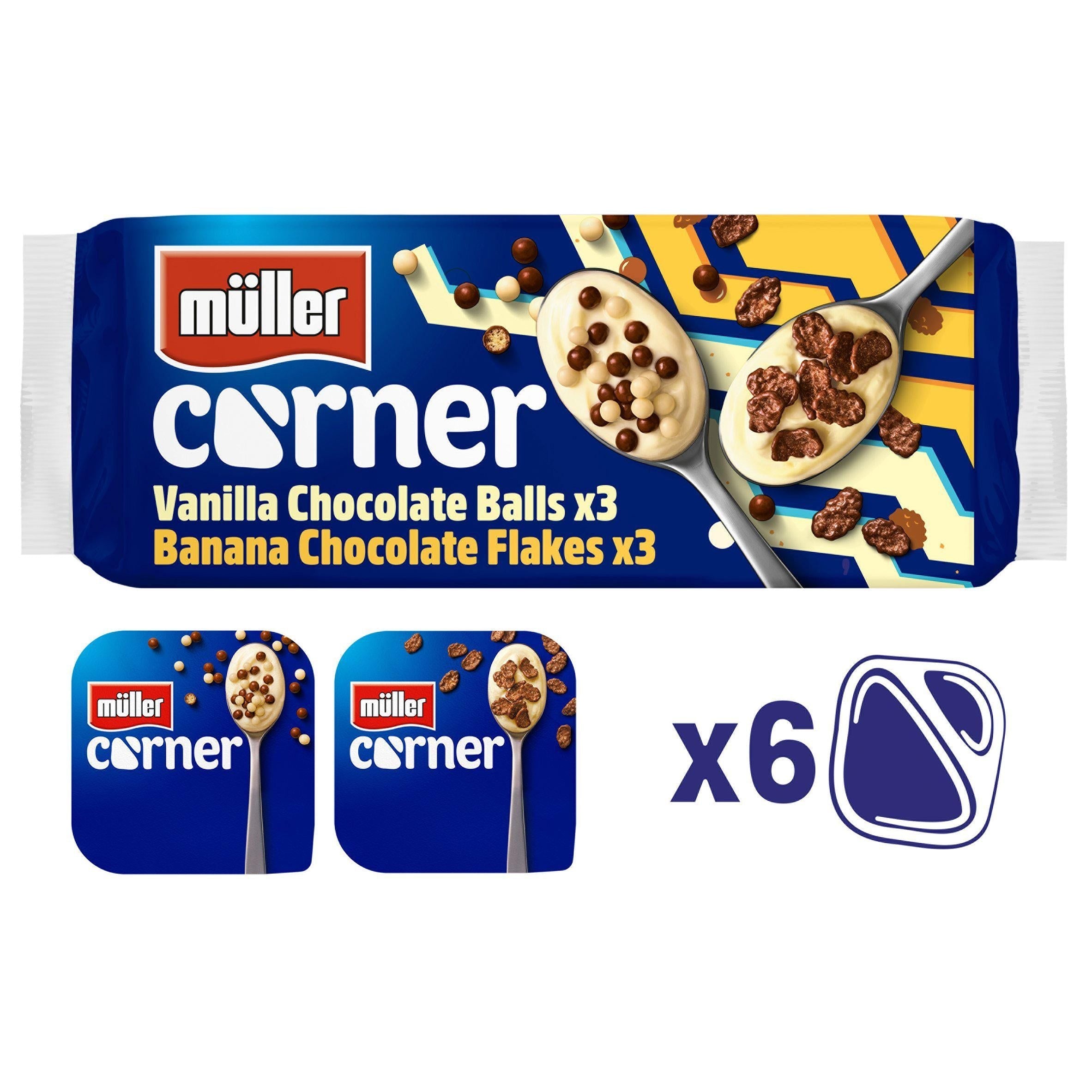 M&amp;uuml;ller Corner Vanilla Chocolate Balls &amp;amp; Banana Chocolate Flakes Yogurts 6x124g