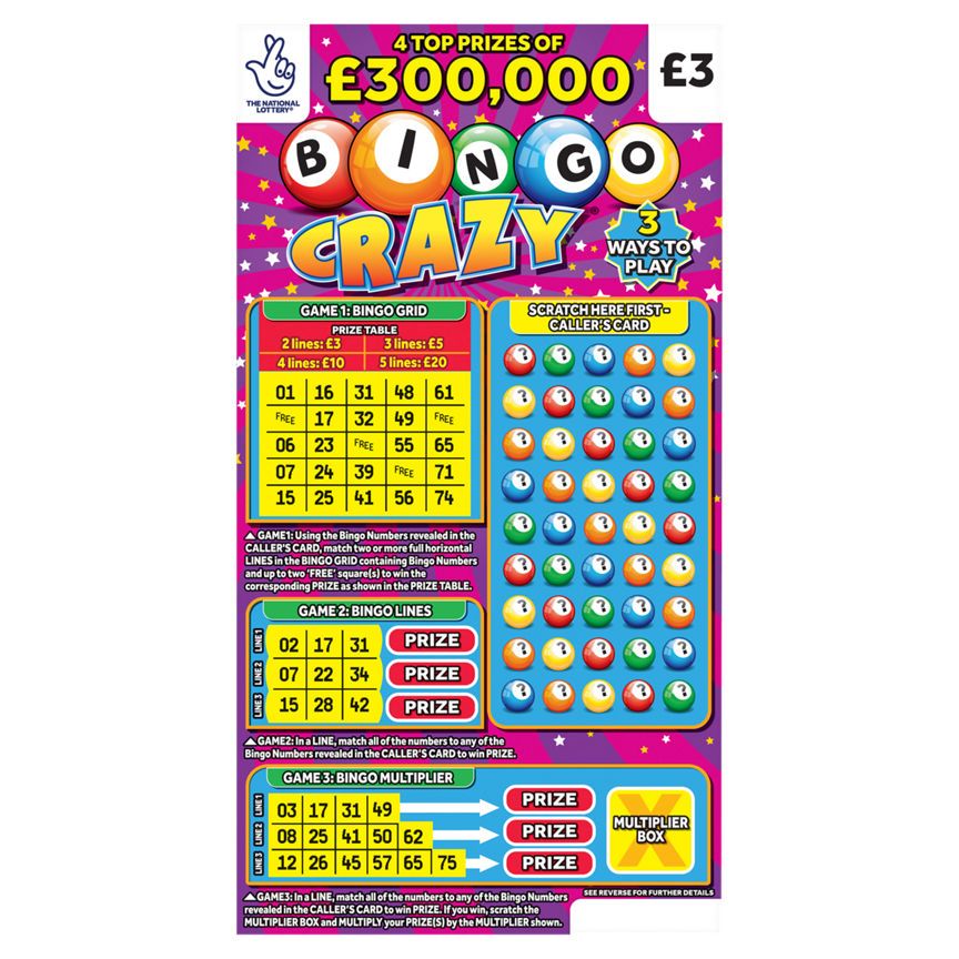 National Lottery &amp;pound;3 &amp;pound;300,000 Bingo Crazy Scratchcard Game
