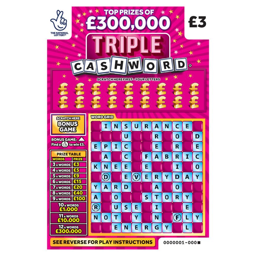 National Lottery &amp;pound;3 &amp;pound;300,000 Triple Cashword Pink Scratchcard Game