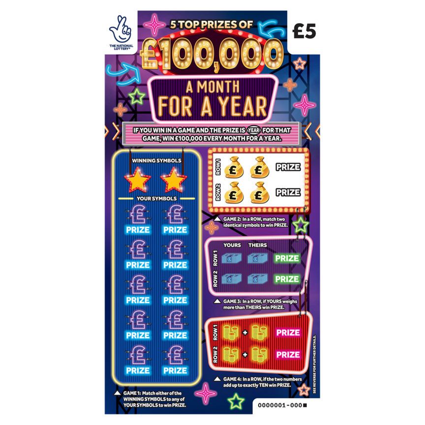 National Lottery &amp;pound;5 &amp;pound;1,200,000 &amp;pound;100,000 A Month for A Year Scratchcard Game