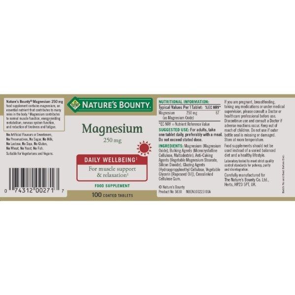 Nature's Bounty Magnesium 250 mg Tablets - Pack of 100