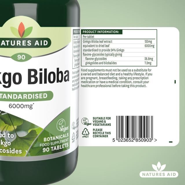 Natures Aid  Ginkgo Biloba Supplement Tablets 6000mg   90 per pack