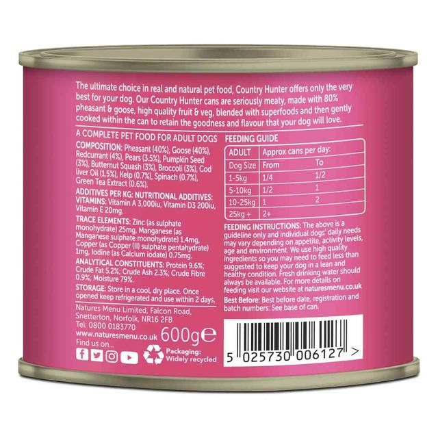 Natures Menu Country Hunter Pheasant &amp;amp; Goose Wet Dog Food Cans   6 x 600g