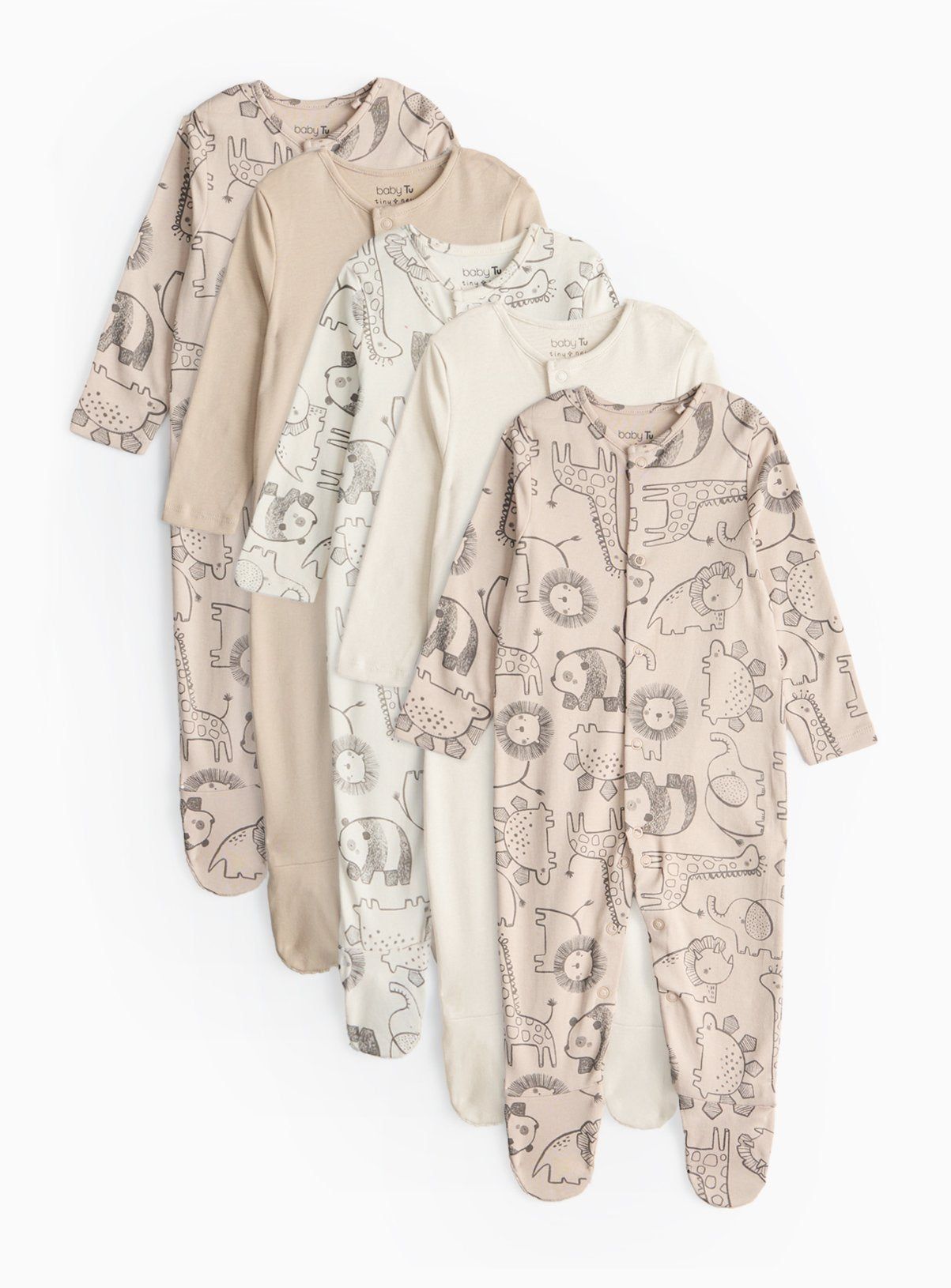 Neutral Safari Print Long Sleeve Sleepsuits 5 Pack 6-9 months