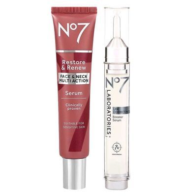 No7 LABORATORIES Line Correcting Booster Serum &amp;amp; Restore &amp;amp; Renew FACE &amp;amp; NECK MULTI ACTION Serum 30ml Bundle
