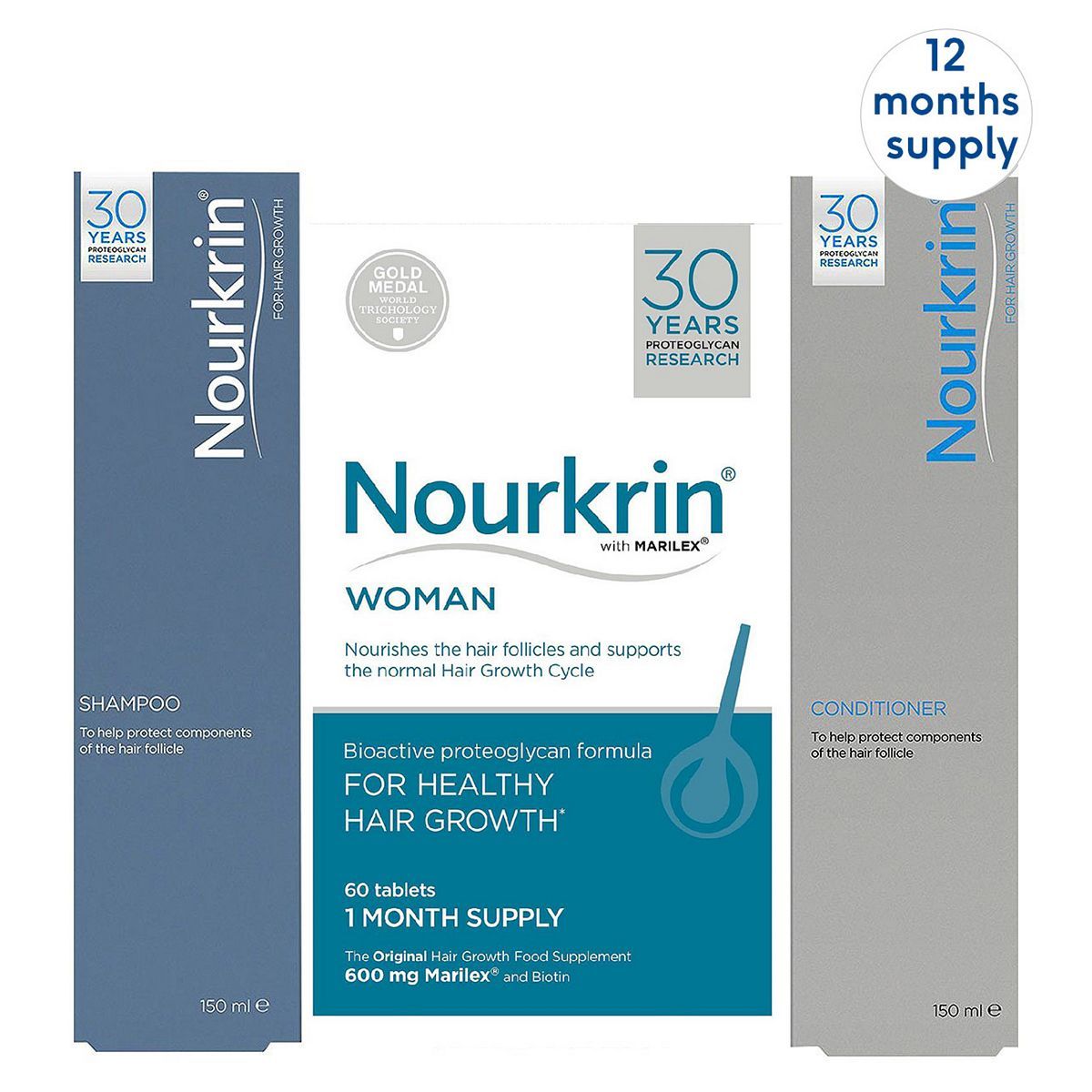 Nourkrin&amp;reg; WOMAN Bundle For Hair Growth + Free Shampoo and Conditioner (12 Month Supply)
