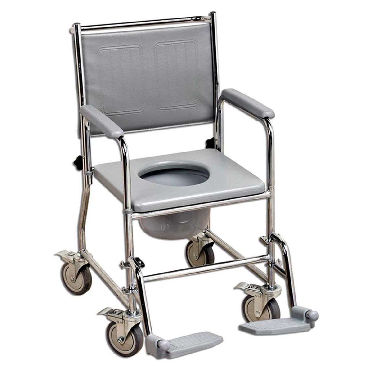 NRS Healthcare Fixed Height Wheeled Commode with Padded Seat and Back Rest Chrome &amp;amp; Grey