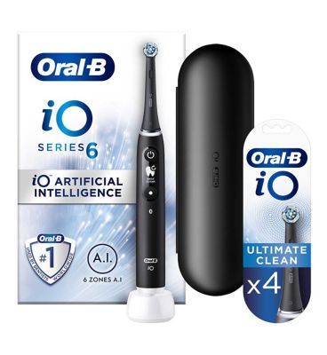 Oral-B iO6 Electric Toothbrush - Black Lava + iO&amp;trade; Ultimate Clean Black Replacement Electric Toothbrush Heads 4 Pack Bundle