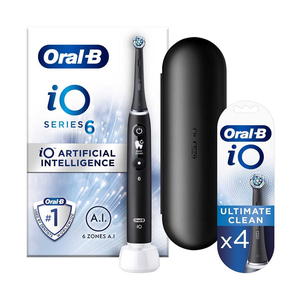 Oral-B iO6 Electric Toothbrush - Black Lava + iO&amp;trade; Ultimate Clean Black Replacement Electric Toothbrush Heads 4 Pack Bundle