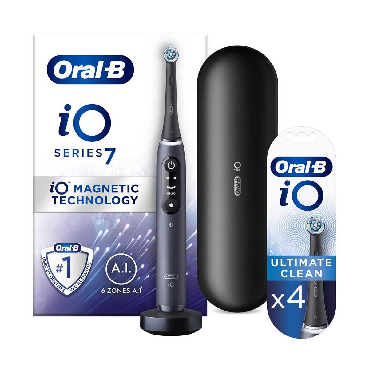 Oral-B iO7 Electric Toothbrush - Black + iO&amp;trade; Ultimate Clean Black Replacement Electric Toothbrush Heads 4 Pack Bundle