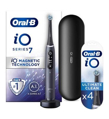 Oral-B iO7 Electric Toothbrush - Black + iO&amp;trade; Ultimate Clean Black Replacement Electric Toothbrush Heads 4 Pack Bundle