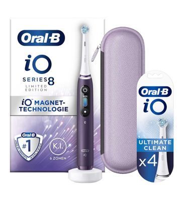 Oral-B iO8&amp;trade; Electric Toothbrush Violet + iO&amp;trade; Ultimate Clean White Replacement Electric Toothbrush Heads 4 Pack Bundle