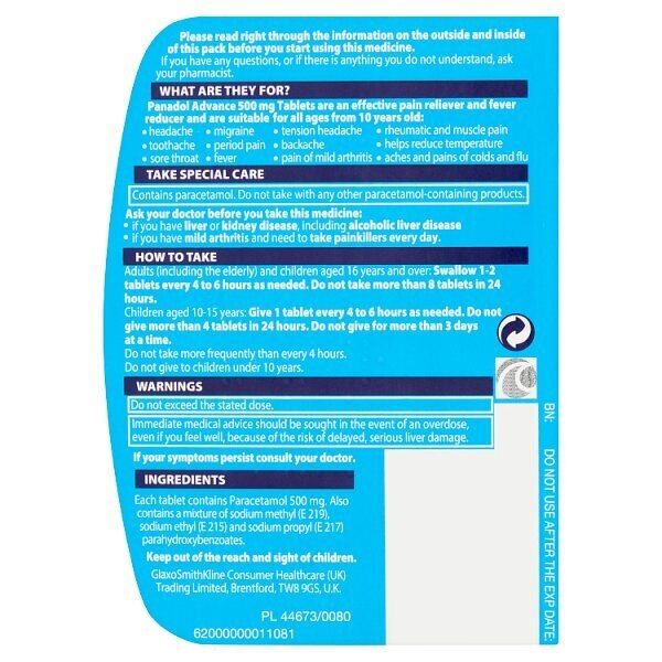 Panadol Advance Pain Relief  500 mg Paracetamol Tablets 16s